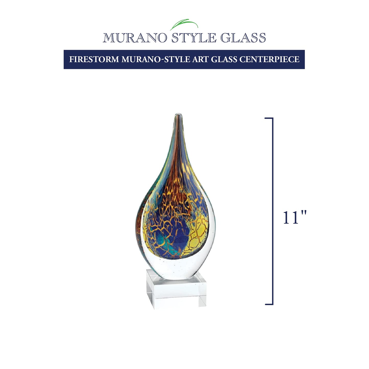 Badash Firestorm Murano-Style Art Glass Teardrop Sculpture Decor, 11 Inch