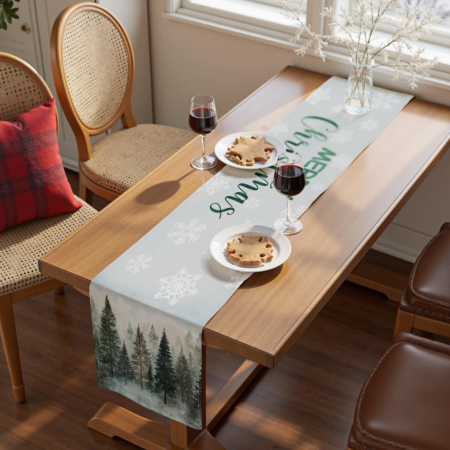 VIV CHERBL Christmas Table Runner with Snowy Forests, Merry Christmas Text & Snowflakes, Table Decoration for Dining Party and Home Decor,72x13 inches