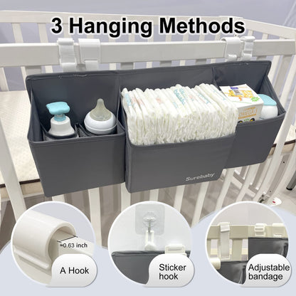 surebaby Hanging Baby Diaper Caddy, 3-in-1 Diaper Caddy Organizer Holder For Baby Crib, Nursery Organization Diaper Stacker Storage For Crib, Changing Table, Car, Wall-Grey