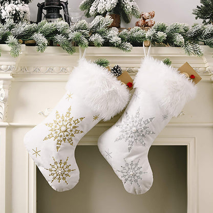 Ushinemi Christmas Stockings Large White Christmas Stocking with Silver Snowflake Cross Stitch, Fur, 2 Pack