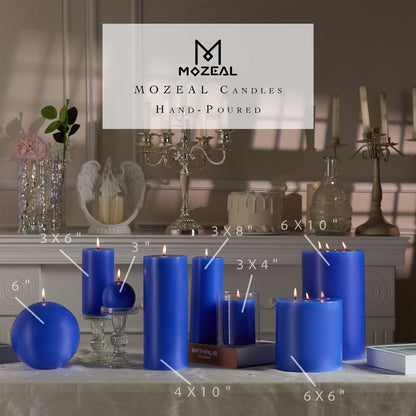 MOZEAL Hand-Poured, 3 Inch Blue Round Ball Candles - Elegant Blue Round Pillar Candles Set of 3, Dripless, Unscented, Smokeless, Ideal for Summer Parties.
