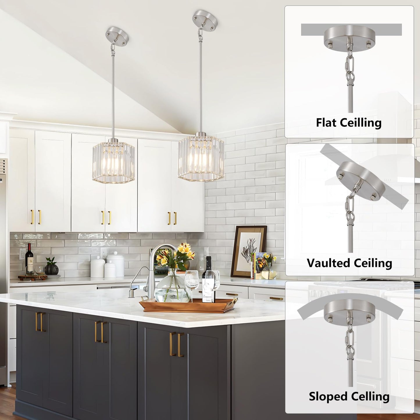 XSDeTu Brushed Nickel Pendant Light Fixtures, Modern Crystal Hanging Ceiling Light, 1-Light Mini Farmhouse Chandelier, Adjustable Hexagonal Island Lights for Kitchen, Dining Room, Bedroom, 2 Pcs