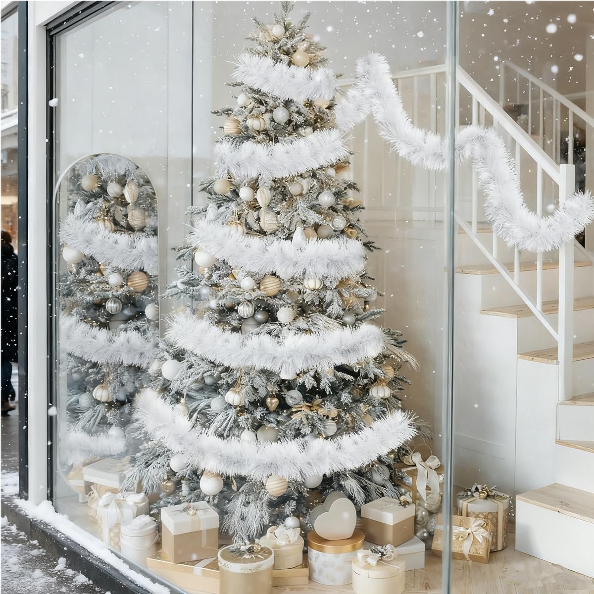 LKBBC Christmas Tinsel Garland with Light, 50 FT Metallic Tinsel Twist Garland Shiny Hanging Decor for Home Window Fireplace Indoor Outdoor, Xmas Ornaments Christmas Tree Decoration,White