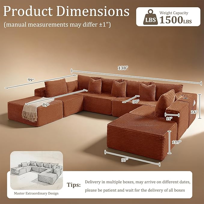 138" Cloud Sectional Couch, Comfort U Shaped Sofa