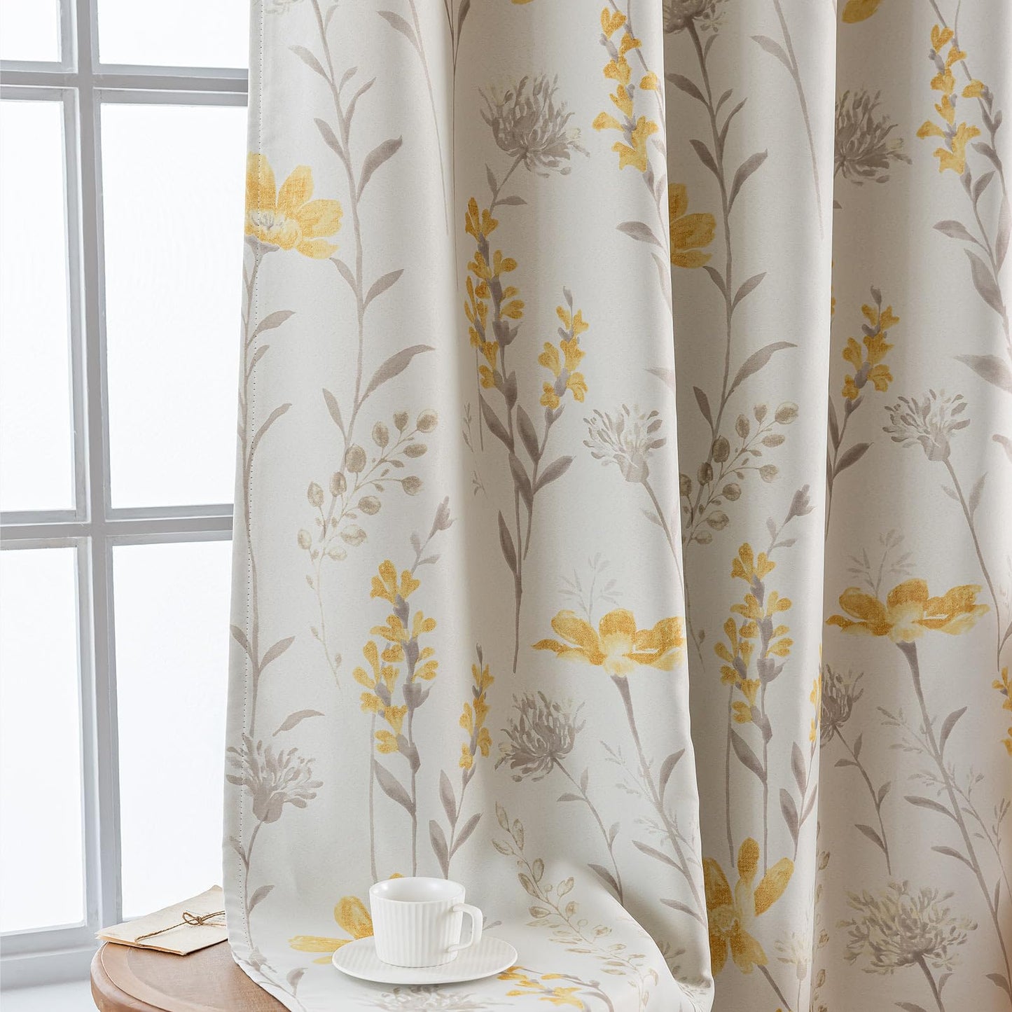SUOUO Yellow Floral Blackout Curtains for Bedroom 96 inches Long Patterned Grey Leaf Thermal Insulated Window Drapes for Living Room 2 Panels