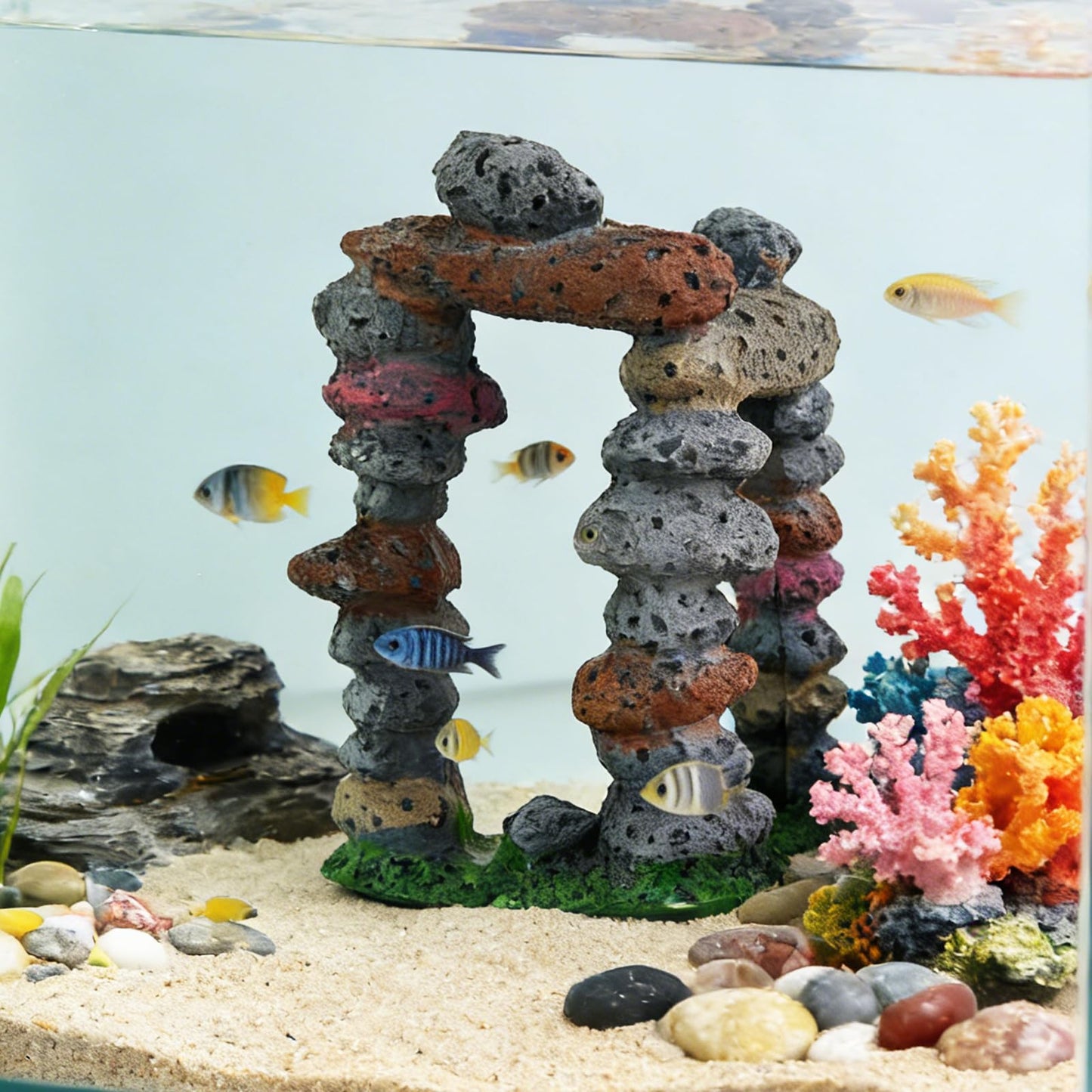 WishLotus Stacked Stones Aquarium Decor, Resin Rock Door Fish Tank Accessories Decorations, Aquarium Ornaments for Fish Through and Playing (Tall One)