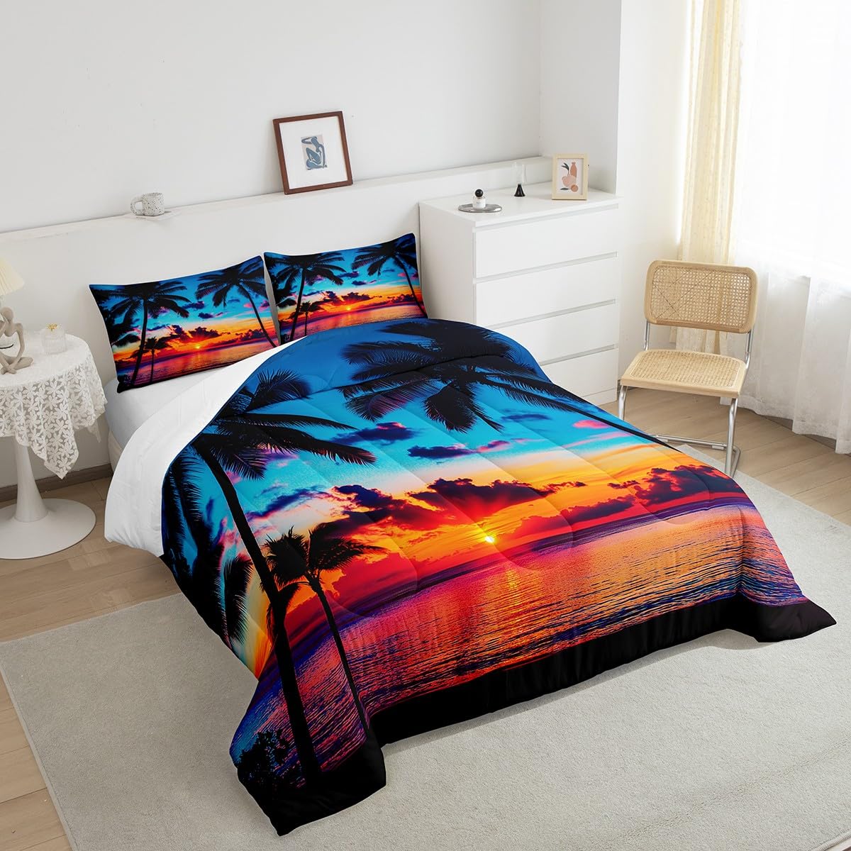 Feelyou Ocean Beach Themed Bedding Set Twin Size,Tropical Sunset Beach with Palm Trees Comforter Set,Peaceful Sea Marine Palm Tree Comforter Bright Hawaii Style Duvet Set 1 Comforter 1 Pillowcase