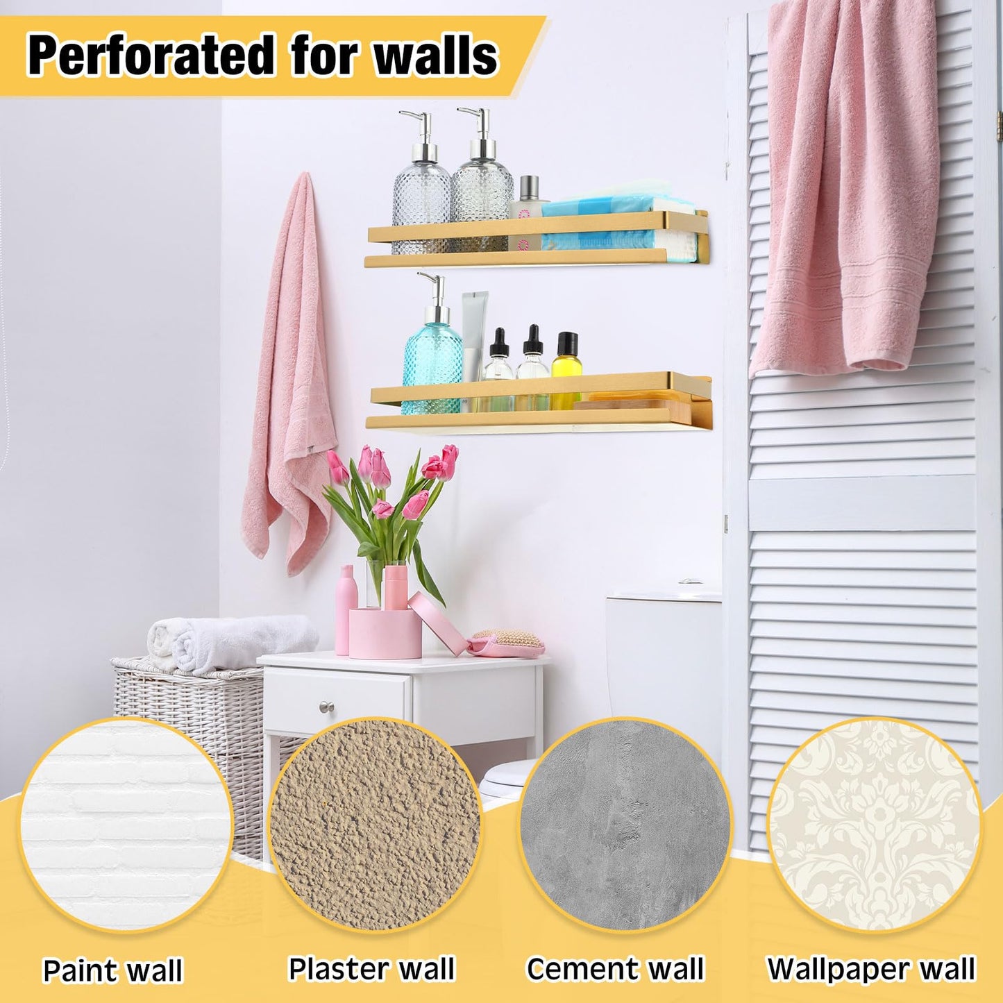 Lallisa 2 Pieces Stainless Steel Shelf Bathroom Shower Floating Shelves Wall Mounted Shower Caddy Basket Shelf Storage Organizer Shelves for Bathroom, Kitchen, Living Room(15.75 Inch/ 40 cm,Gold)