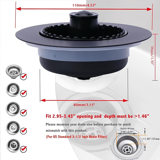 Kitchen Sink Drain Strainer 3 in 1, 304 Stainless Steel Pop Up Sink Stopper