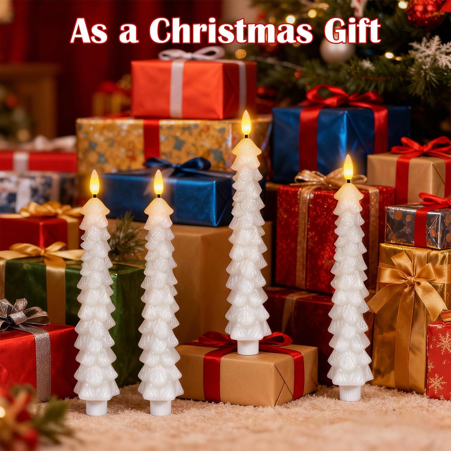 Lasumora Christmas Tree Candles with Remote Timer, 4 Pcs Waxy Flameless Taper Candles Flickering, Battery Operated LED Candlesticks with 3D Flame Wick, White Window Candle for Christmas Decorations