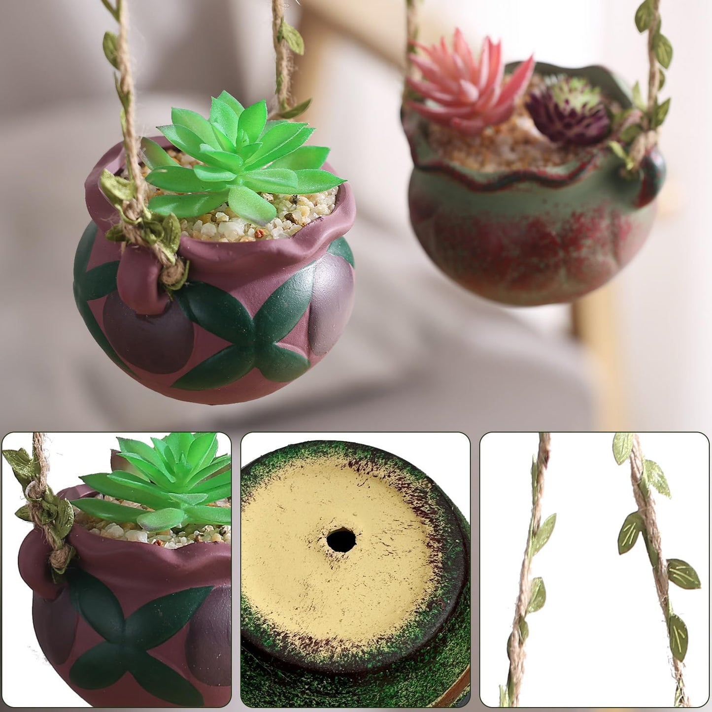 Yuccasly 4 Piece Boho Ceramic Hanging Planters with Drainage Holes – Adorable Indoor Outdoor Succulent Flower Pots, Unique Home Décor, Charming Small Planters for Plants