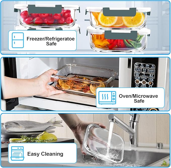 VERONES 5 Pack 36 OZ Glass Meal Prep Containers, Airtight Glass Lunch