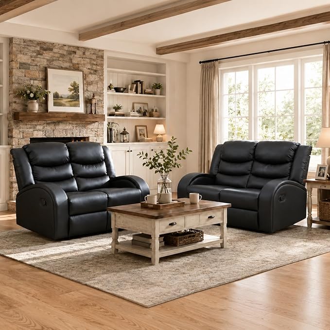 Recliner Sofa Set, 2 Piece Living Room Furniture Set, Leather Recliner Sofa