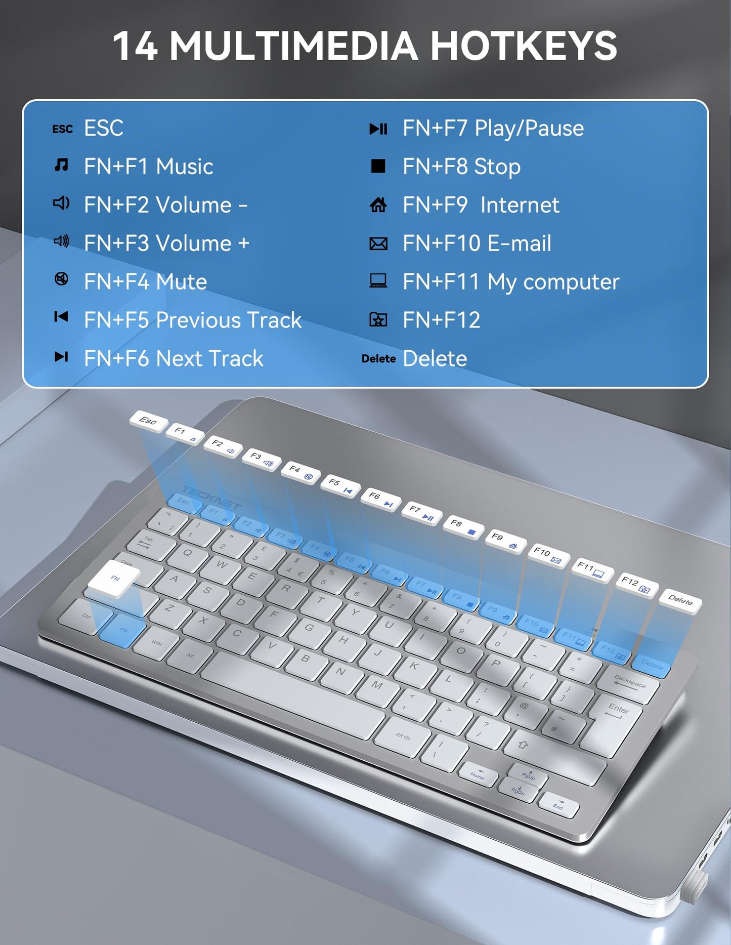 TECKNET 2.4G Wireless Keyboard, Small Keyboards with Media Hotkeys, Ultra Slim Compact Wireless Keyboard, 12-Month Battery Life, Compatible with PC, Desktop, Laptop, Smart TV - Silver