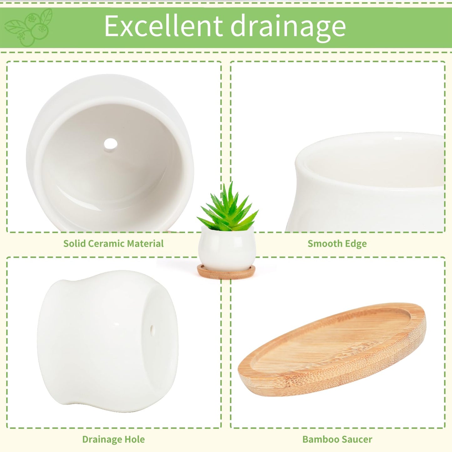 SHECIPIN Succulent Pots, White Mini 2.5 inch Ceramic Flower Planter Pot with Bamboo Tray, Pack of 12 - Plants Not Included