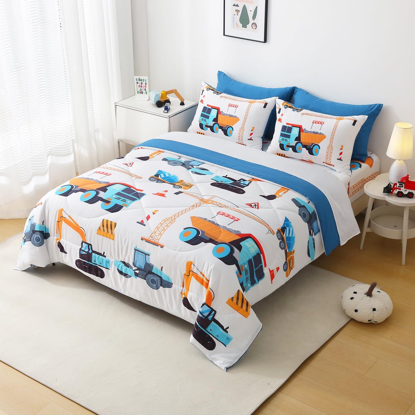 Jameswish 7 Pieces Boys Comforter Set Twin Size Excavator Bedding Set Cartoon Car Kids Bed in a Bag Construction Truck Bedding for Children Kids Boys Teens for Birthday Choice