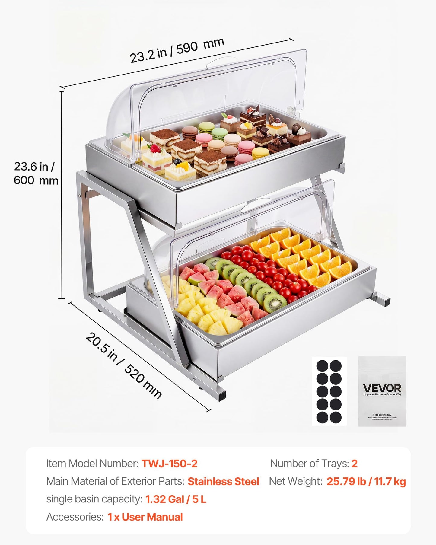 VEVOR Countertop Food Serving Display Container, 2 Tier Stainless Steel Food Salad Server Tray, Buffet Condiment Dispenser, Ice Cooled Rack with Clear Roll Top Cover, for Restaurant Hotel (1/1 Pan x2)
