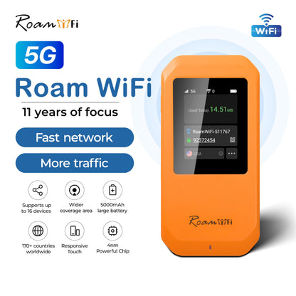RoamWiFi 5G Mobile Hotspot WiFi6-4nm Chip | 10GB US/CA/MX + 1GB Global Internet Data (170+ Countries) | High-Speed for 16 Devices | 5000mAh Battery, 20H Standby, USB3.1, No SIM Needed Travel Wi-Fi