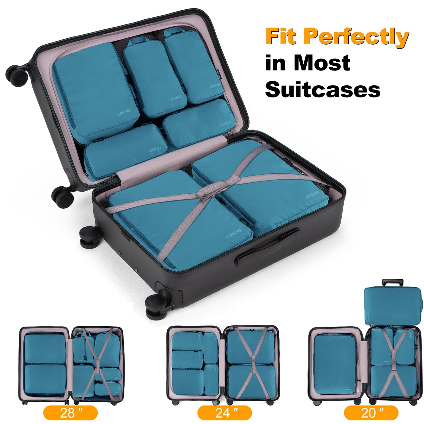 Compression Packing Cubes, Lumesner 8 Set Travel Packing Cubes for Carry on Suitcases, Compression Suitcase Organizers Bag Set & Travel Cubes (8-piece,Blue)