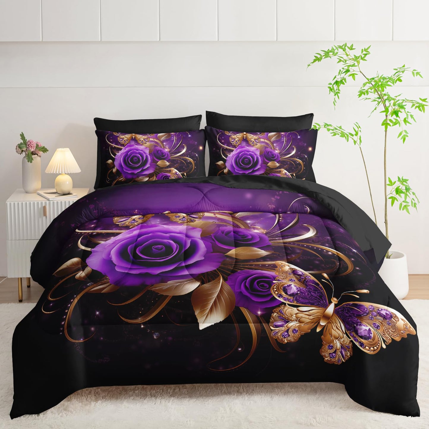 AILONEN Gold Purple Rose Flower Comforter Set Queen - 7Pcs Soft Floral Butterfly Bed in a Bag -Girls Rose Comforter,Fitted Sheet,Flat Sheet,2 Pillowcases,2 Pillow Shams for Women