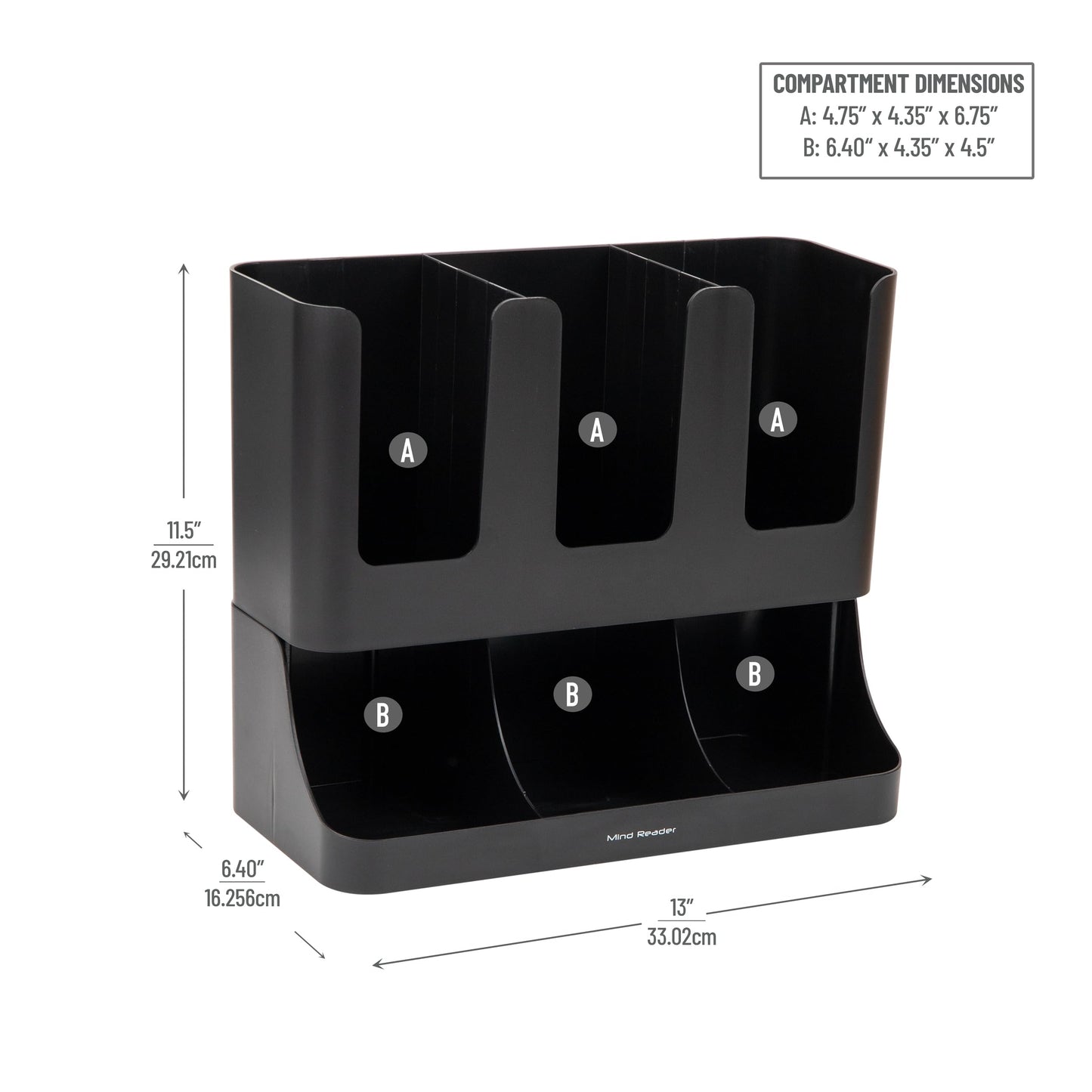 Mind Reader Condiment Station, 13 Inch Countertop Coffee Bar Organizer with 6 Compartments, Storage Caddy for Cups, Lids and Packets, Plastic, Black