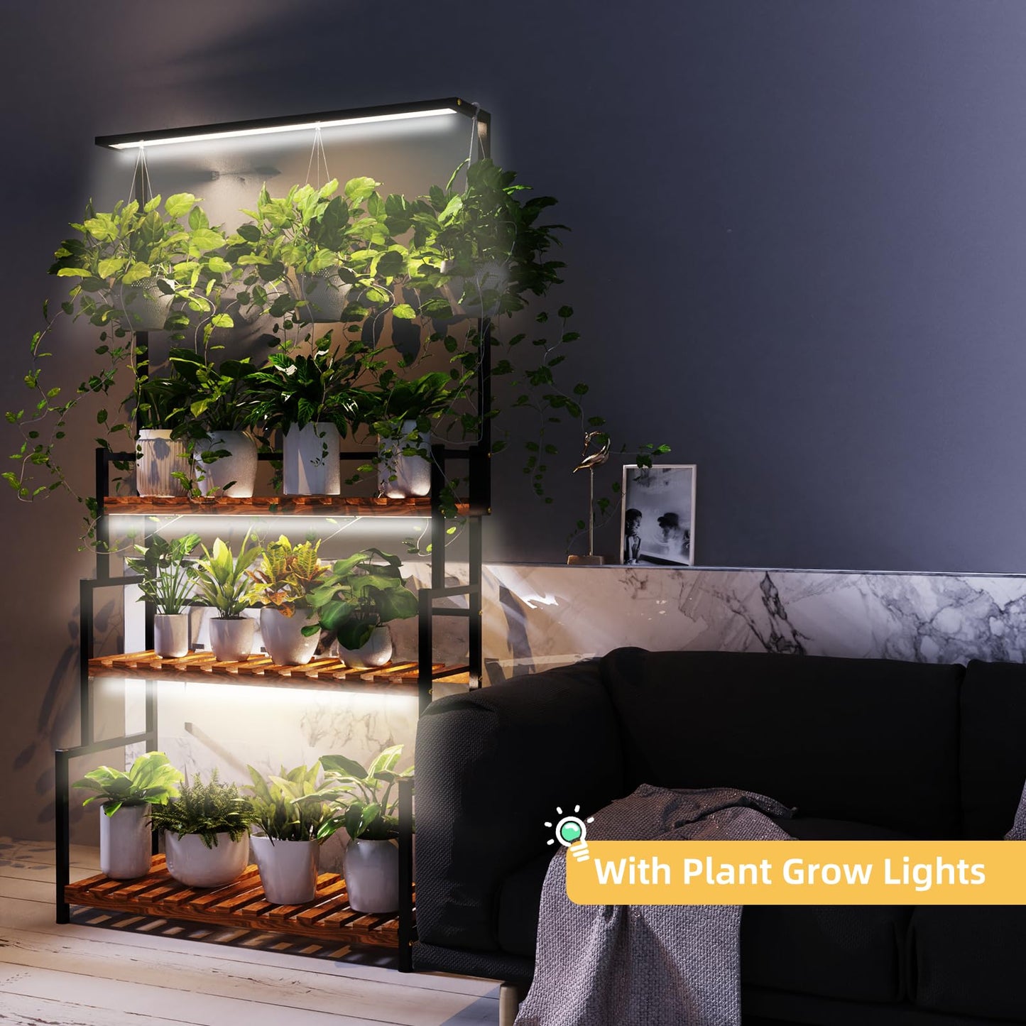 Nedechom Hanging Plant Stand with Grow Light, 3 Tier Metal Plant Stand for Indoor Plants Multiple, Large Plant Shelf Display Holder, Ladder Shape Plant Rack for Living Room, Patio, Balcony