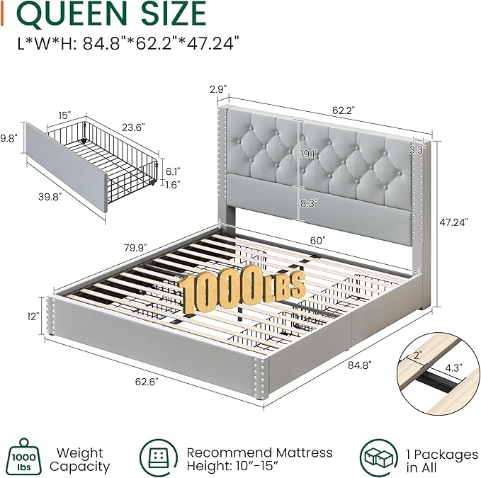 LARMACE Queen Size Bed Frame Upholstered Platform Bed