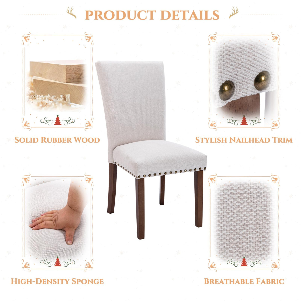 MALOL High Back Dining Chairs Set of 4, Upholstered Dining Room Chair with Wood Legs and Nailhead Trim, Modern Padded Kitchen Chairs for Dining Room/Restaurant, Beige