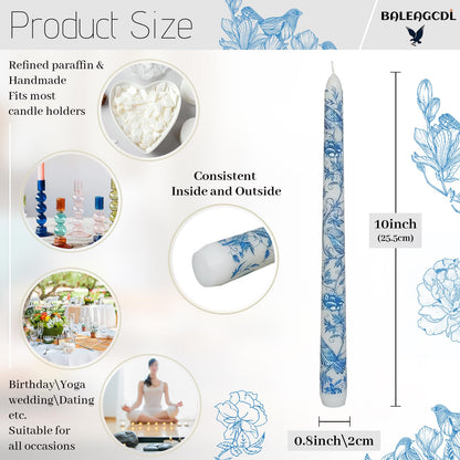 Romantic Floral & Bird Taper Candles - 10 Inch Handmade Drip Candles, Set of 2 for Wedding Centerpieces & Home Decor