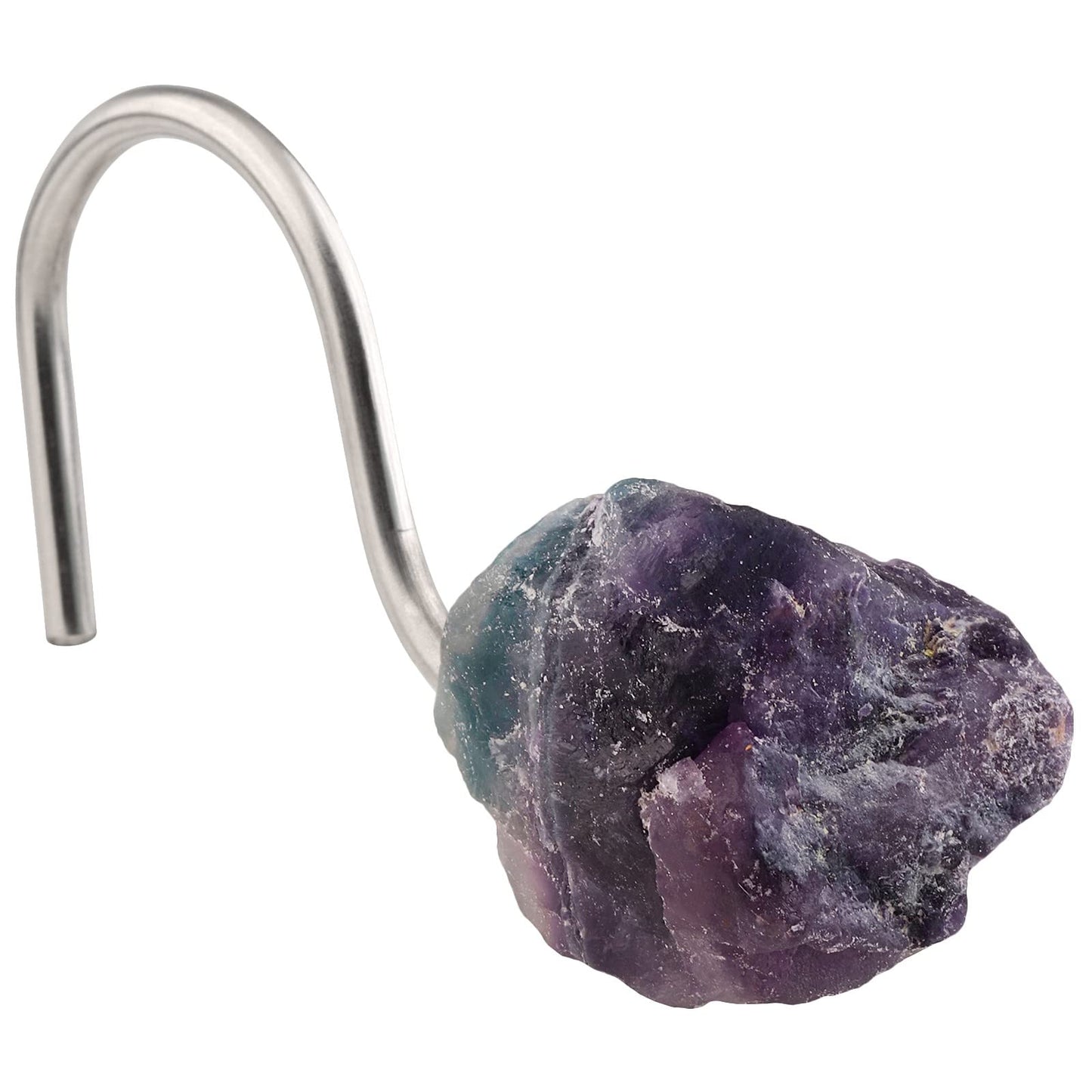 mookaitedecor Set of 4 Natural Fluorite Crystal Shower Curtain Hooks, Decorative Raw Crystals Stainless Steel Curtain Rings for Bathroom Home Decor