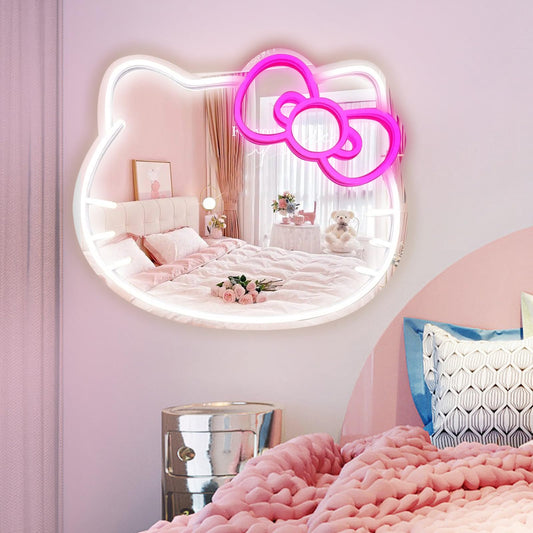 MCJSGSP Anime Hello Kit Mirror with Light Neon Signs for Wall Decor, Teen Girl Gift，Makeup Mirror neon Sign Room Decor (14.6 * 12.2 inch)
