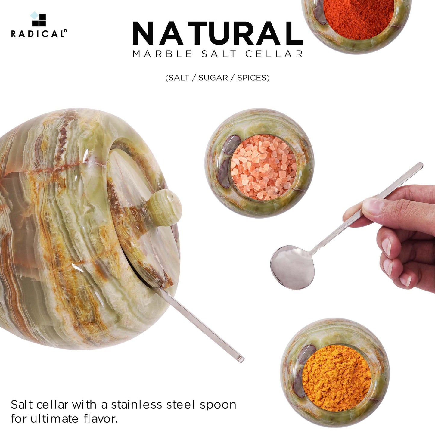 Radicaln Marble Salt Cellar with Lid 4" Inch Green Onyx Salt Jar & Table Salt Storage For Kitchen Countertop, Ideal Salt Container, Salt Dish & Sugar Bowl For Table