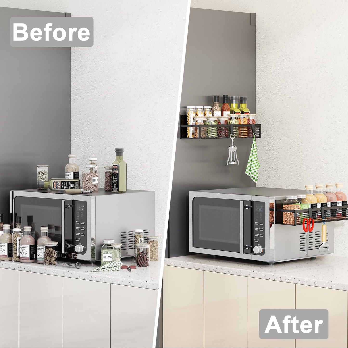 Magnetic Spice Rack for Refrigerator, 4 Pack Magnetic Shelf, Fridge Magnet Organizer with Moveable 8 Hooks, Magnetic Fridge Shelf for Kitchen Organization and Storage (4 Pack)