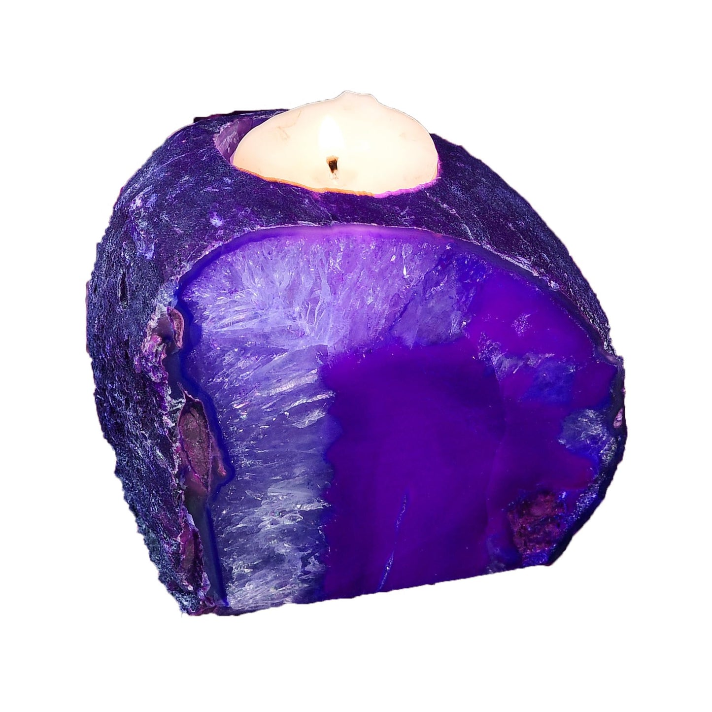 AMOYSTONE Natural Purple Agate Candle Holder 1.5-2lb, Raw Geode Base - Versatile Decor for Meditation, Yoga Studio & Home Mantel