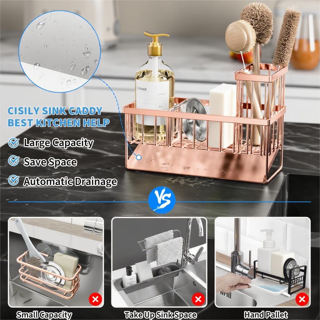 Cisily Kitchen Sink Caddy Organzier with High Brush Holder, Sponge Holder for Sink, 304 Rustproof Stainless, Kitchen Countertop Soap Dispenser Organizer, Kitchen Decor and Accessories