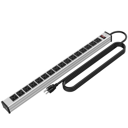 20 Outlet Heavy Duty Metal Socket Power Strip,15-Foot Long Extension Cord with Circuit Breaker. Mounting Brackets Included,Workshop/Industrial use,ETL Certified