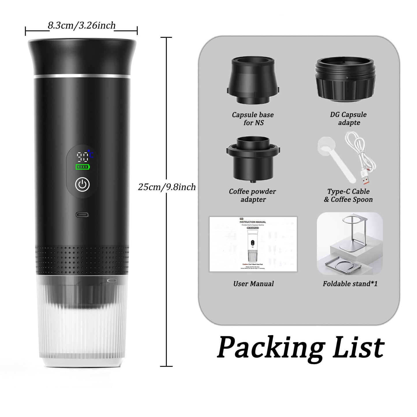 Portable Espresso Maker and Metal Stand Set, Self-Heating Travel Coffee Machine, Rechargeable Coffee Maker with Digital Display, 3-in-1 for Ground Coffee & Capsules, Camping RV Office