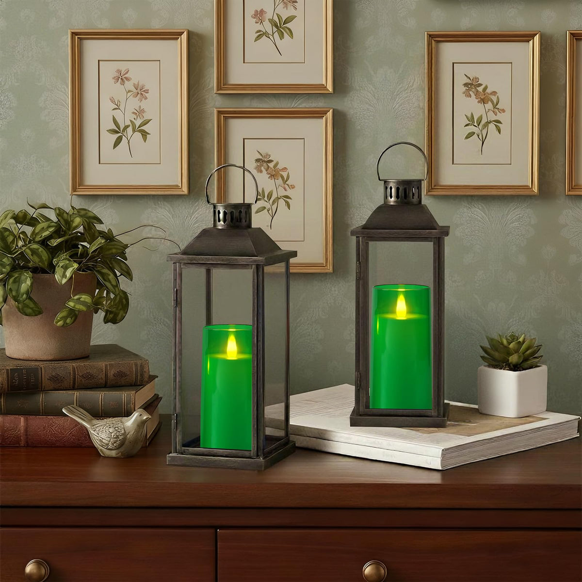 Raycare St. Patrick's Day Flameless Electronic Pillar Candles with Remote Control and Timer- Battery Operated Realistic Flickering LED Fake Candle for Home, Wedding Decor,Green,Set of 2(3"x6"6")