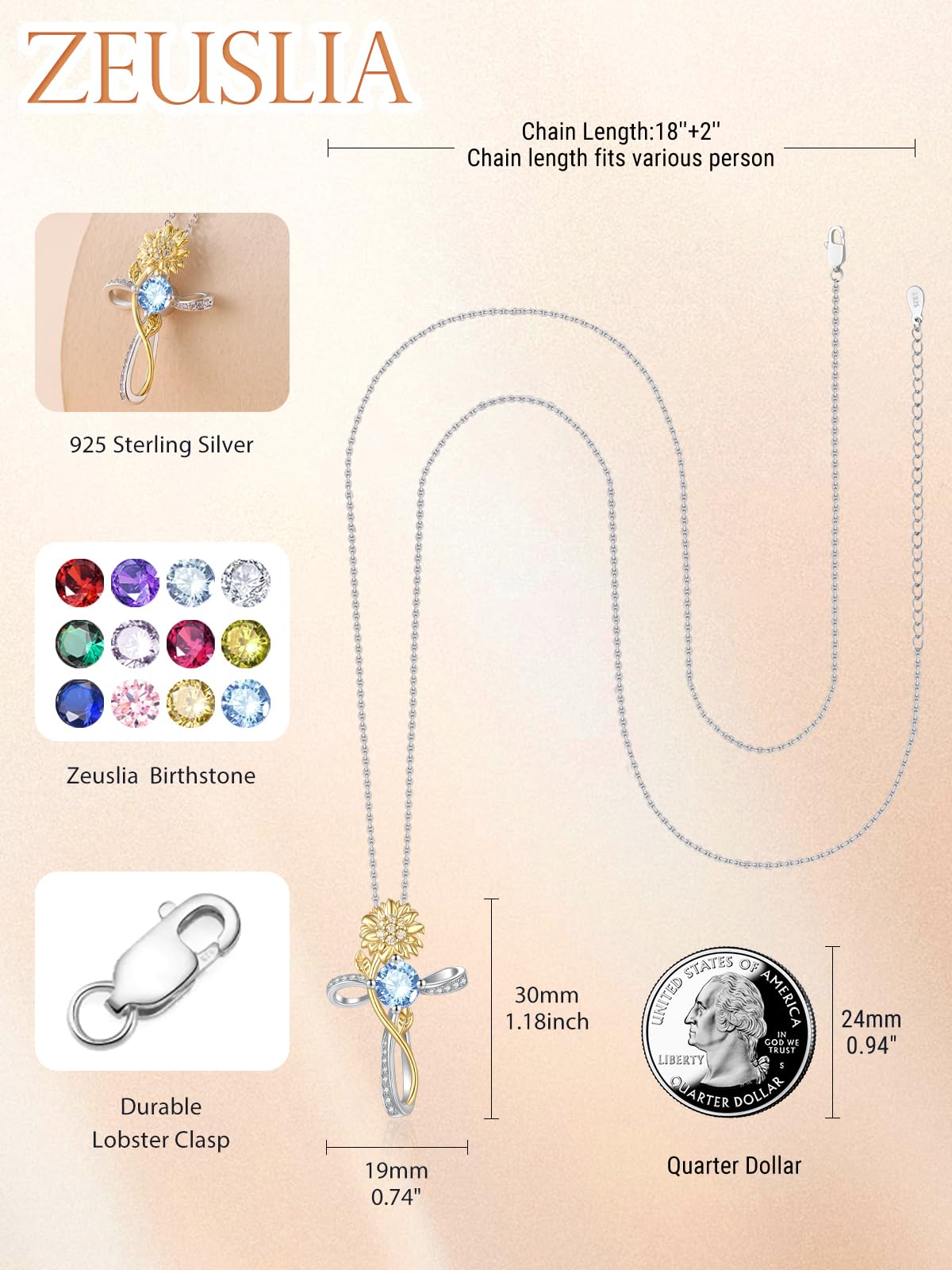 Cross Necklace for Women Sterling Silver Blue Topaz December Birthstone Necklace Sunflower Cross Pendant Jewelry Catholic Christian Religious Valentines Day Birthday Gifts for Wife Her Mom Mother