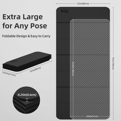 Extra Large 75"x32" Foldable Yoga Mat, Durable Non-Slip TPE Fitness Mat for Yoga, Pilates, Floor Workouts, 7-Fold Portable for Home Gym & Travel (6mm Thick)(Black)