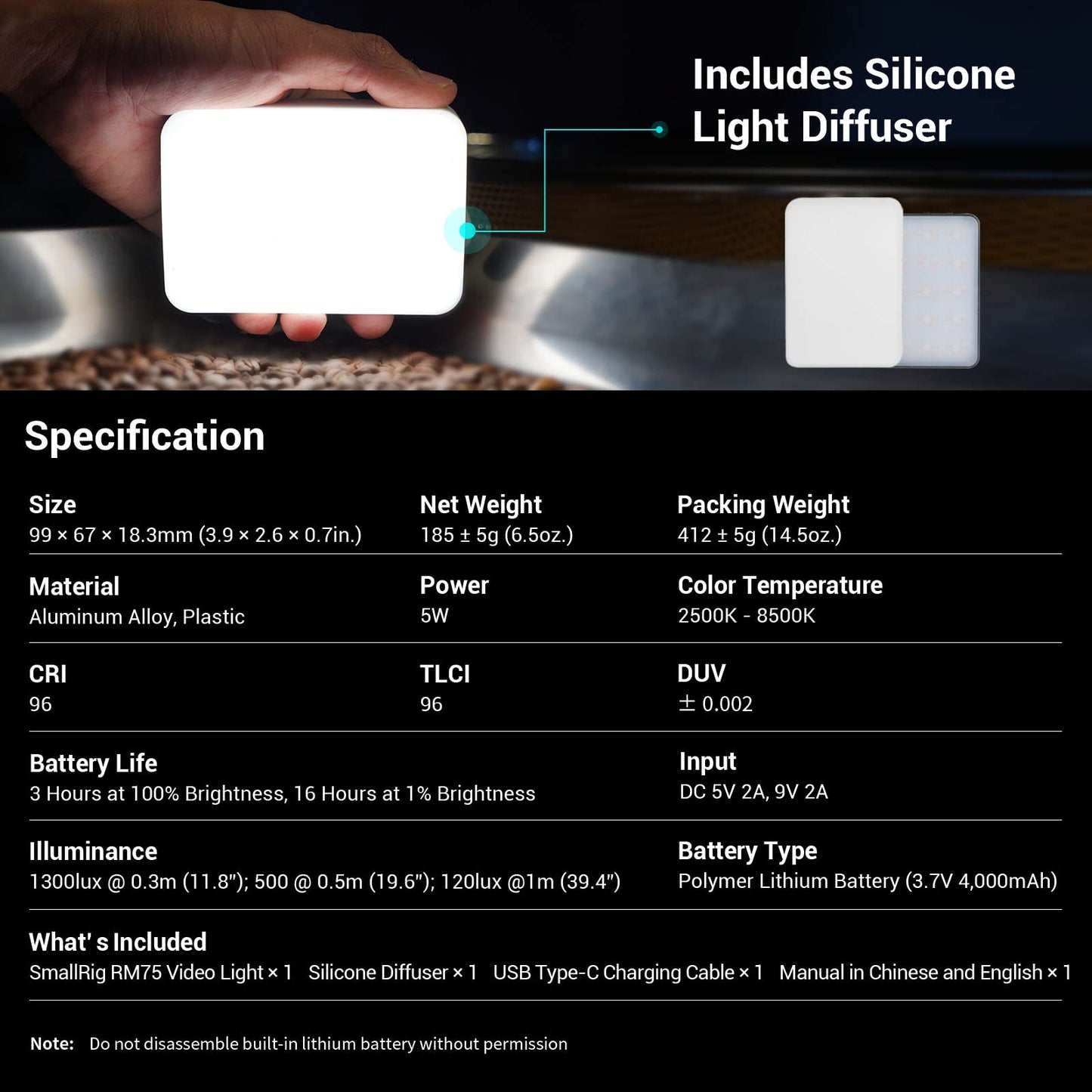 SmallRig RM75 RGB Video Light, RGBWW Full Color Portable LED Light Panel, 4,000mAh Battery, 2500-8500K, CRI96, TLCI 98, Magnetic Attraction and App, for Vlogging Photography 3290