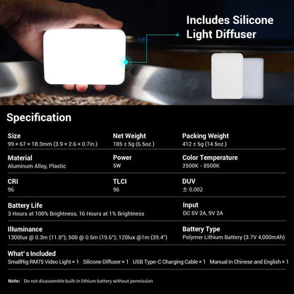 SmallRig RM75 RGB Video Light, RGBWW Full Color Portable LED Light Panel, 4,000mAh Battery, 2500-8500K, CRI96, TLCI 98, Magnetic Attraction and App, for Vlogging Photography 3290