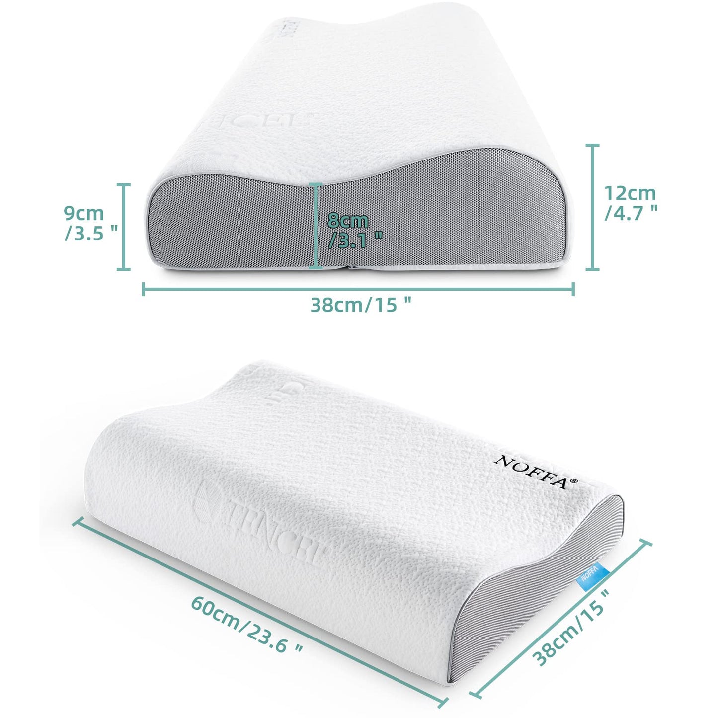 NOFFA Memory Foam Pillow, Cervical Orthopedic Pillows for Neck Support, Deep Sleep Pillow Queen Size 60 x 38 cm