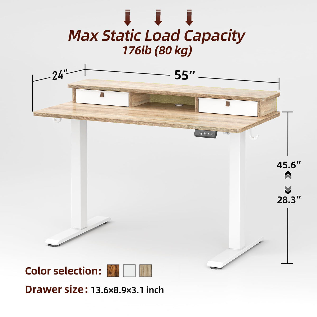 TIQLAB Standing Desk with Two Drawers, Stand Up Standing Desk Adjustable Height, Electric Sit Stand Table with Storage Shelf and Splice Board, 55 * 24 inch, Maple