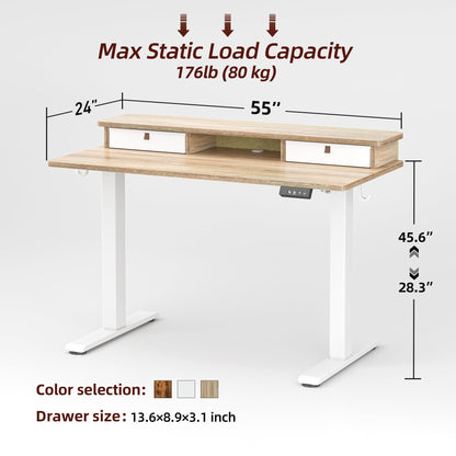 TIQLAB Standing Desk with Two Drawers, Stand Up Standing Desk Adjustable Height, Electric Sit Stand Table with Storage Shelf and Splice Board, 55 * 24 inch, Maple