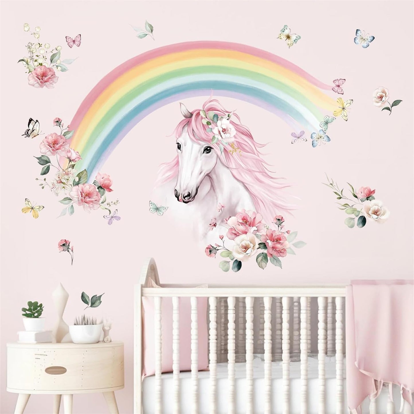 wondever Large Rainbow Wall Decals Horse Flower Peel and Stick Wall Art Stickers for Girls Bedroom Kids Room Baby Nursery