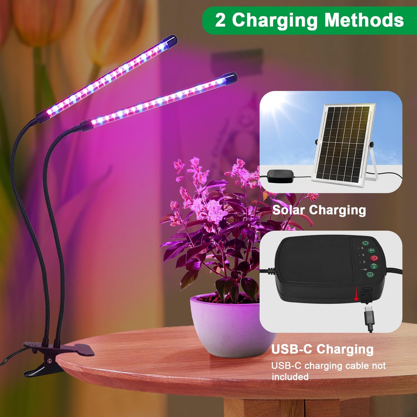 ladate Solar Grow Lights with Batteries, 2 Heads Clip Plant Growing Lamp with Red Blue Spectrum for Indoor Plants, 3/9/12H Timer, 3 Dimmable Level, Adjustable Gooseneck,3 Switch Modes, Auto On Off