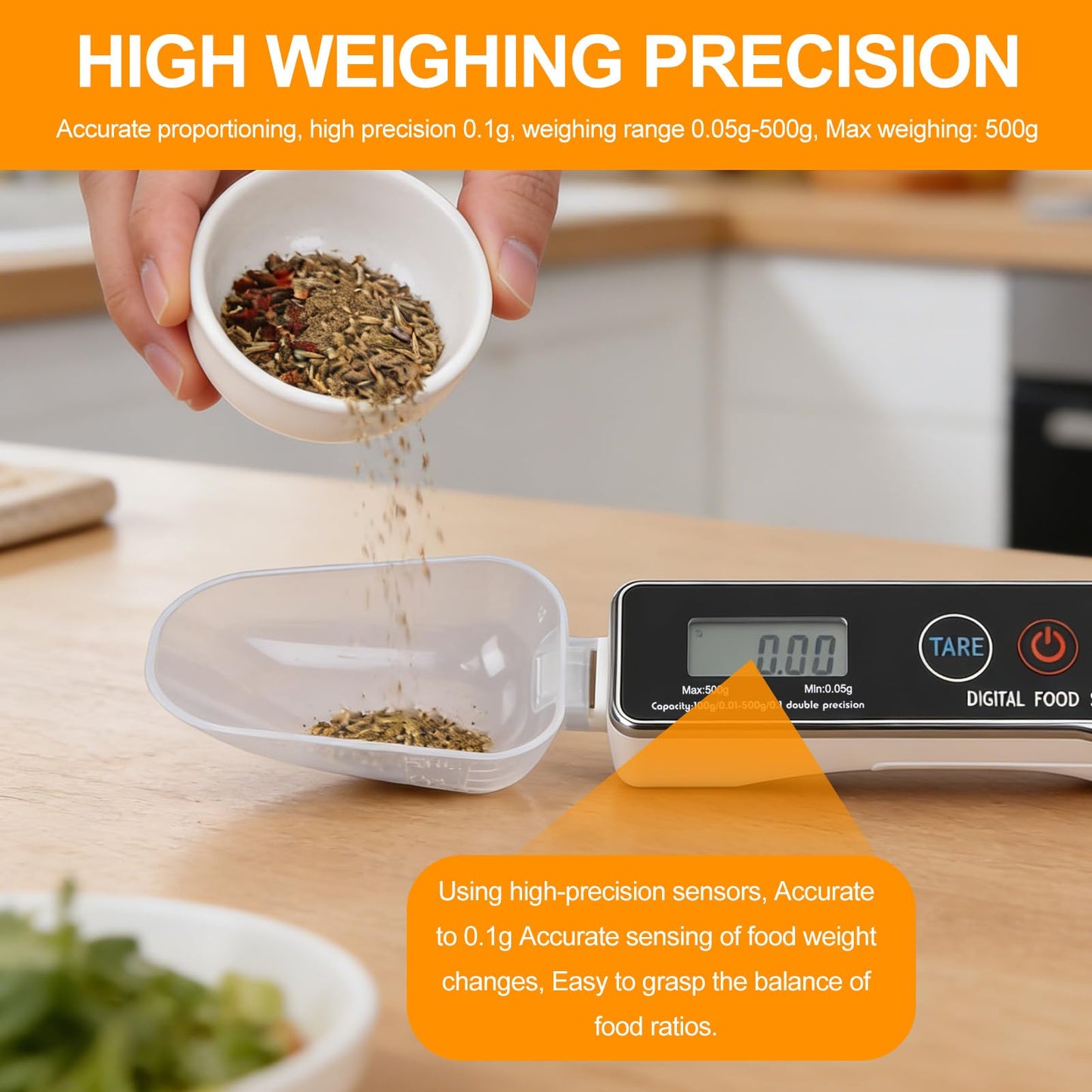 Dioche Digital Measuring Spoon Scale, High Precision 0.05g to 500g Capacity, with 30ml & 80ml Detachable Spoons, Tare Function & Unit Conversion for Baking, Cooking, Pet Food, Kitchen - Black