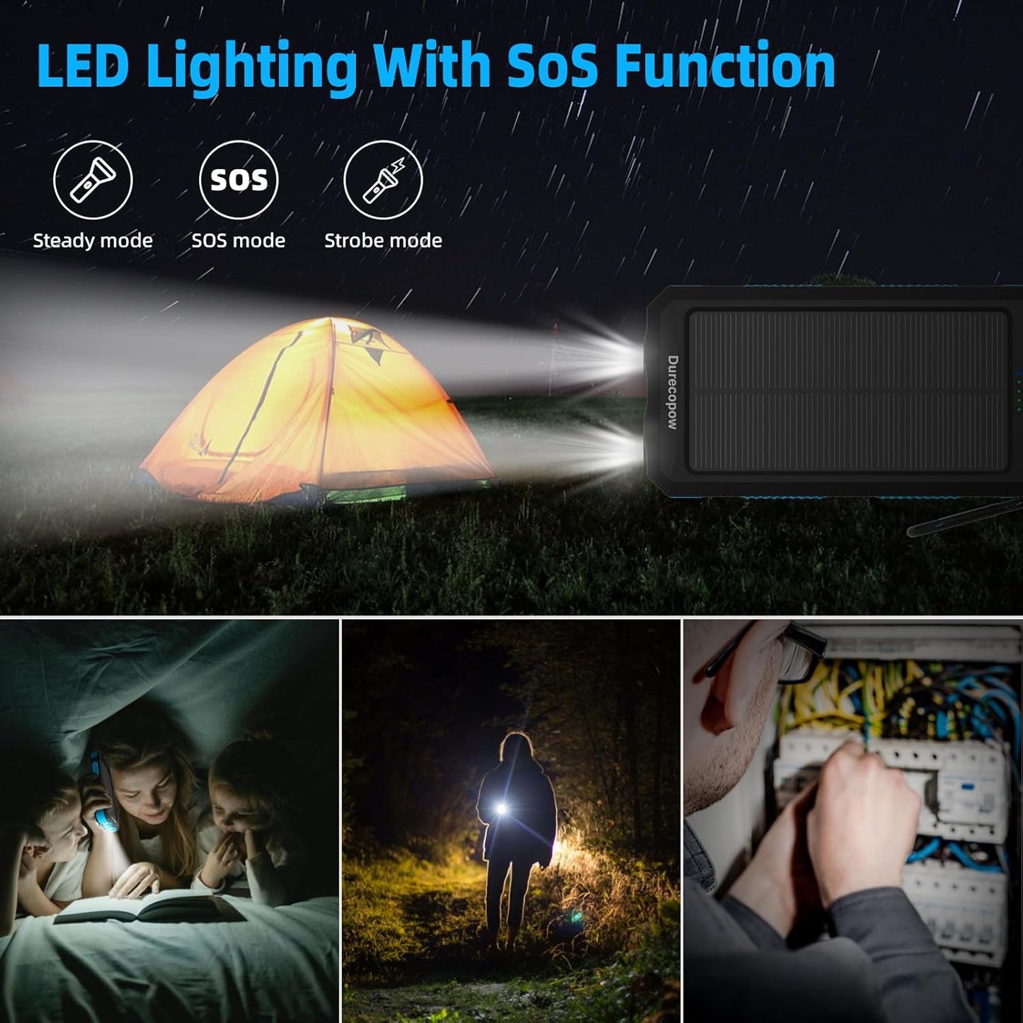 Solar Charger Power Bank 20,000mAh, Portable Charger, 4 Cables 3 Ports Fast Charging External Battery Pack with USB C for Cell Phones, Solar Panel Charger with Dual Flashlight for Camping