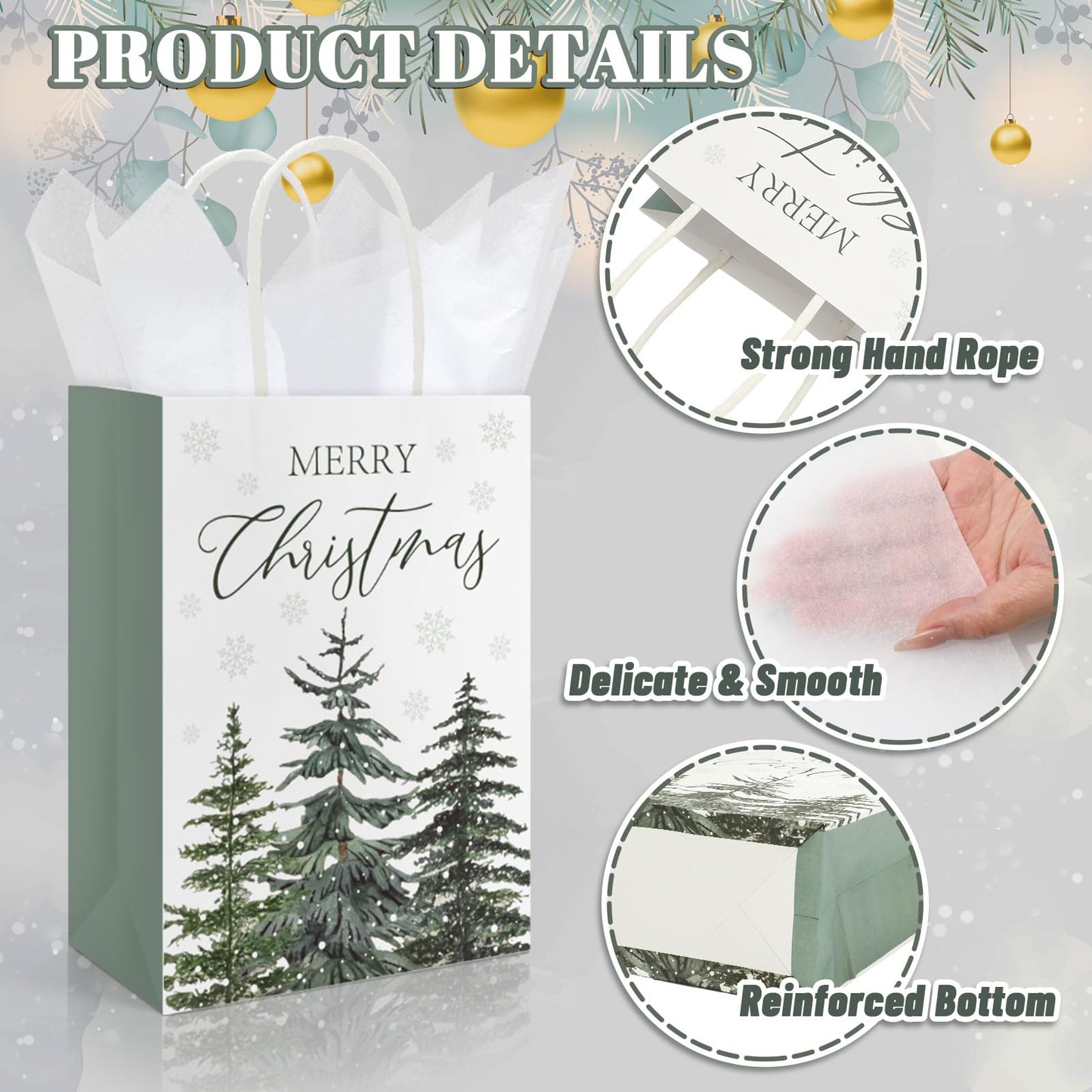 JarThenaAMCS 24 Pcs Christmas Paper Gift Bags with Tissue Paper Sage Green Xmas Tree Snowman Party Favor Large Bags with Handle Goodie Candy Treat Bags for Winter Wedding Holiday